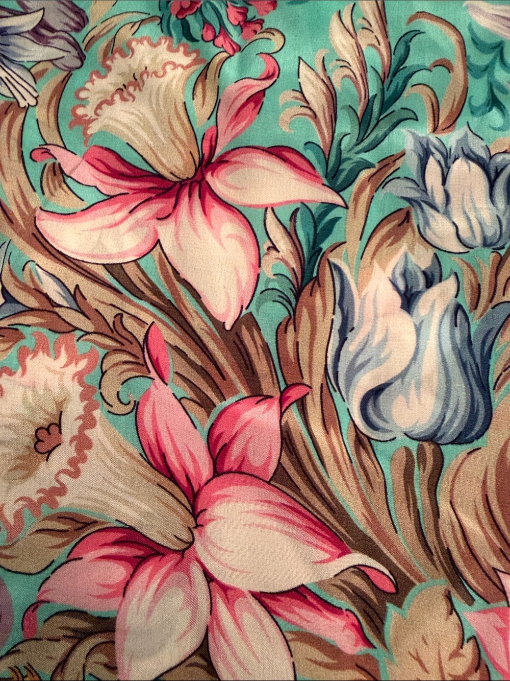 NWT Floral Turquoise 100% silk Scarf with Pink & Blue Blooms 33x33